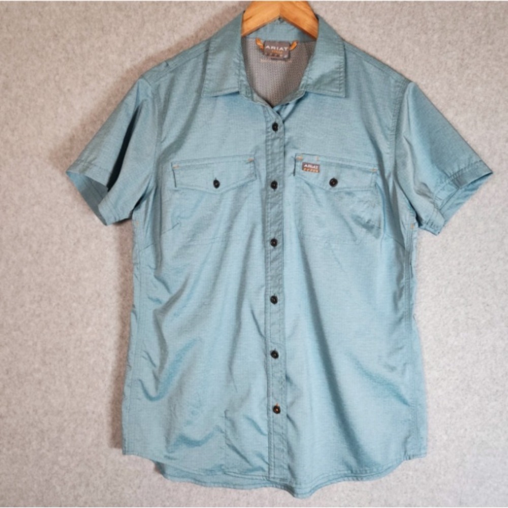 Ariat Rebar Top Women's Size Medium Blue Ripstop Vented Short Sleeve Button Down